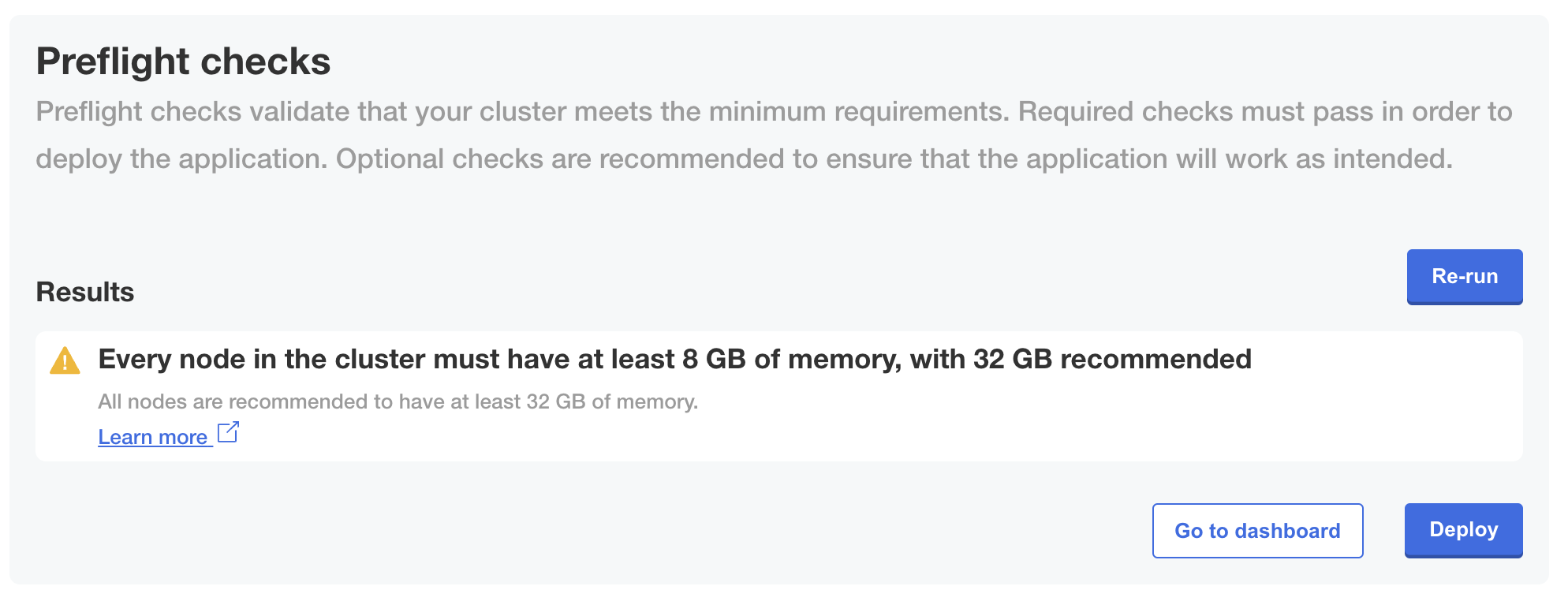 Preflight checks in Admin Console showing warn message